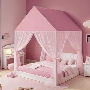 Princess Bed Canopy for Girls - Pink Bed Canopy Princess Castle Dreamy Playhouse Mosquito Net Reading Nook Canopies Play Tent Canopy Bed Curtains for Kids Room(Twin,Pink)