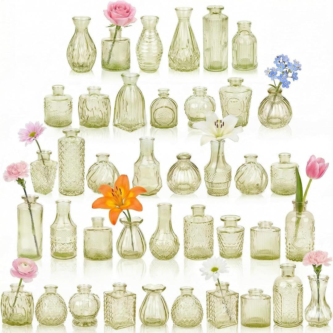 Glass Bud Vases in Bulk Set of 40, Green Small Mini Vases for Flowers, Vintage Vase for Centepiece,Wedding, Table Decor, Baby Shower, Christmas, Home and Events Green, 40