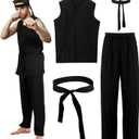 Xtinmee 4 Pcs Karate Costume for Men Halloween Costume Adult Black Karate Gi Dress up Uniform with Headband Cosplay Outfit(XL)