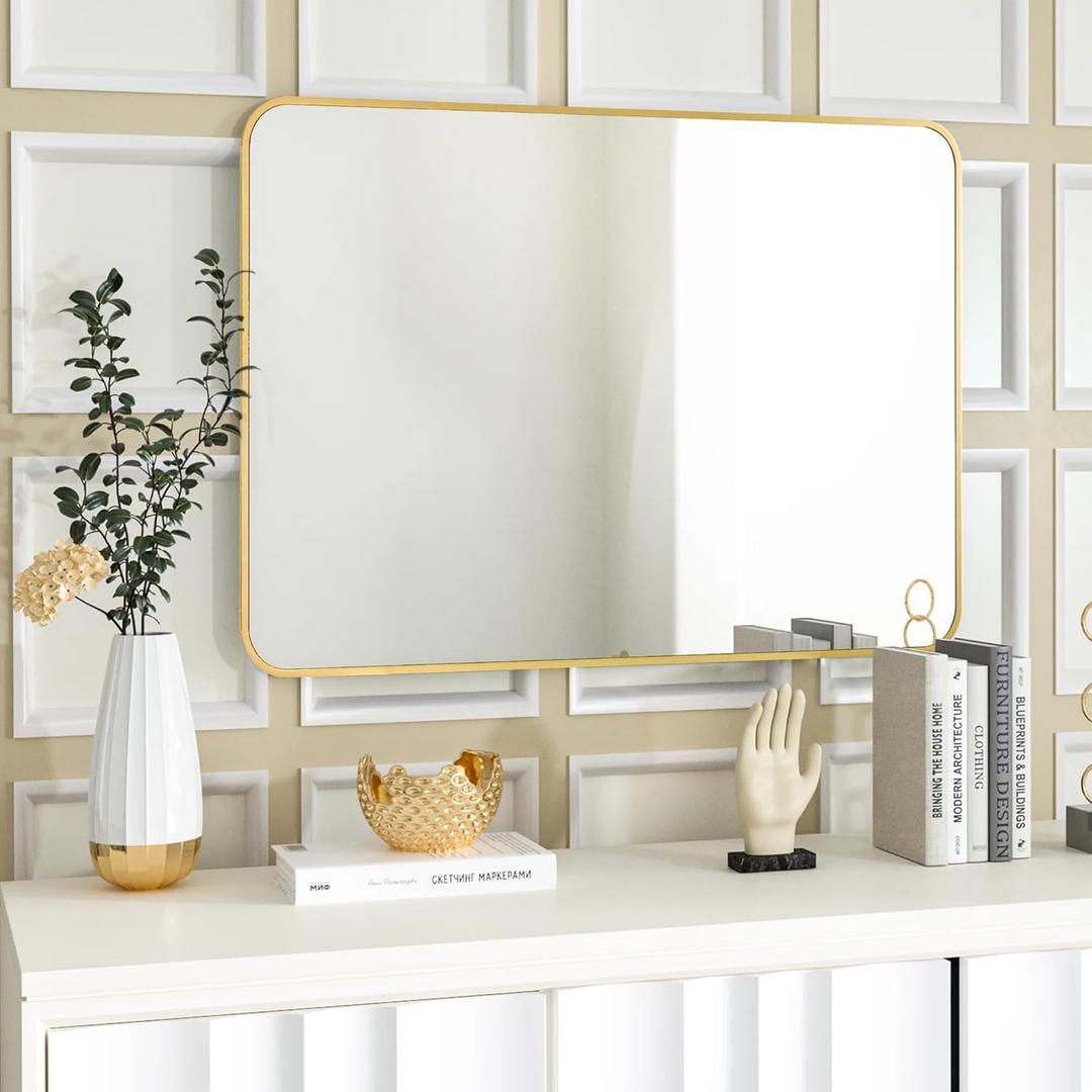 Tanmicoshomy Gold Bathroom Mirrors for Wall 24x36 Inch, Rectangle Wall Mirror with Tempered Glass for Modern Home Decor Hanging Horizontally or Vertically