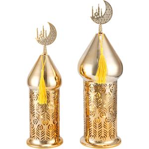 TRIROCKS Ramadan Lanterns Set of 2 14" &12" Gold Electric Candle Holders with Timer, Metal Decorative Vintage Lanterns for Indoor/Outdoor Decor, Perfect EID Mubarak Gift