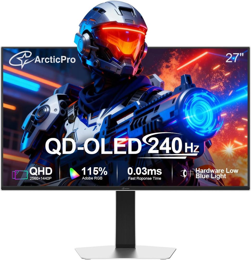 ArcticPro 27inch QD-OLED Gaming Monitor, 240Hz, 0.03ms(GtG), QHD 2560x1440p, 145% sRGB, Height Adjustable Vertical/Horizontal Rotating, Eye-Care, HDMI*2, DP*2, Built-in Speakers*2, 1500000:1 Contrast