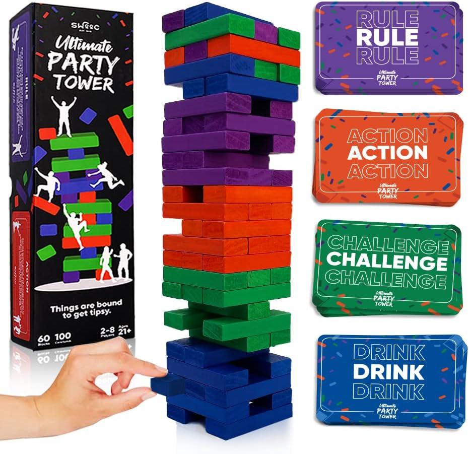 SWOOC Games - Ultimate Party Tower - 100 Original Commands, 60 Blocks, & 1000s of Hilarious Rule Combinations - A Tipsy Spin on Fun Classic Games for Power Hour - Ages 21+ - Wooden Tower Blocks Game