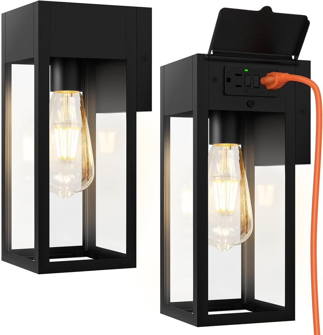 2 Pack Porch Lights Outdoor Wall Sconce, Outdoor Light with GFCI Outlet, Waterproof Exterior Wall Lantern Light Fixtures, Anti-Rust Wall Lamp with Clear Glass for Patio Doorway Garage- Black