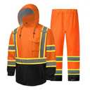 fortresswear Hi Vis Rain Jackets for Men Reflective Waterproof High Visibility Class 3 Safety Rain Suit with Black Bottom,Removable Hood 4X-Large-5X-Large