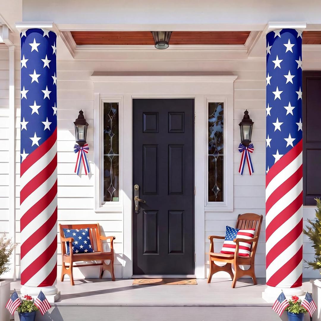 Chumia 2 Pcs 4th of July Decorations Patriotic American Flag Column Wraps 108 x 54" Independence Day Porch Pillar Covers Outdoor for Memorial Veterans Labor Day Stars and Stripes Post Yard Signs