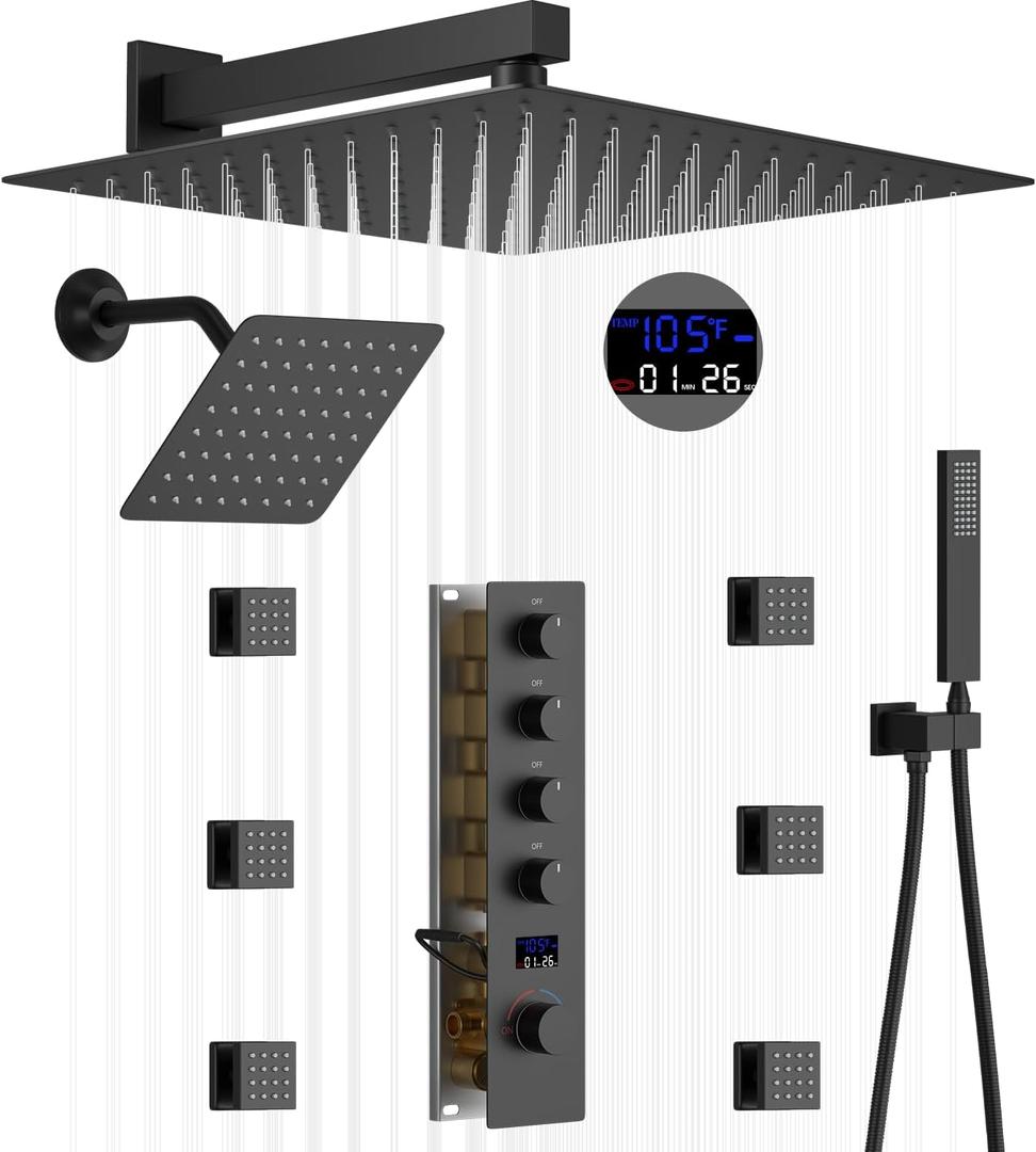 12 & 8 Inch Dual Heads Shower System Full Body Shower System with Handheld Sprayer, Body Jets Shower Faucet Set with Digital Display Valve,Matte Black