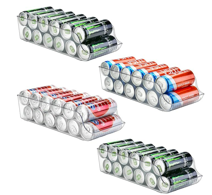 Puricon 4 Pack Soda Can Organizer Dispenser for Refrigerator, Plastic Canned Food Pop Beverage Container Holder Storage Bin with Lid for Freezer Rack Pantry Cabinet Cupboard Kitchen -Standard