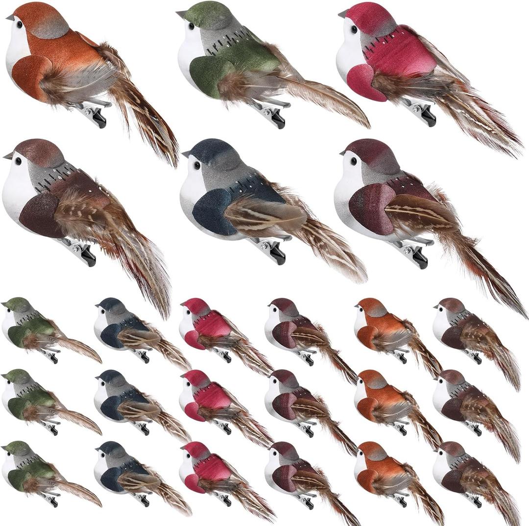 Colingmill 24 Pcs Fake Birds 3.9 Inch Foam Feather Artificial Birds Decorative Realistic Ornaments for Christmas Tree Decoration Wreaths Craft Seasonal Displays (Sparrow,Multicolor)