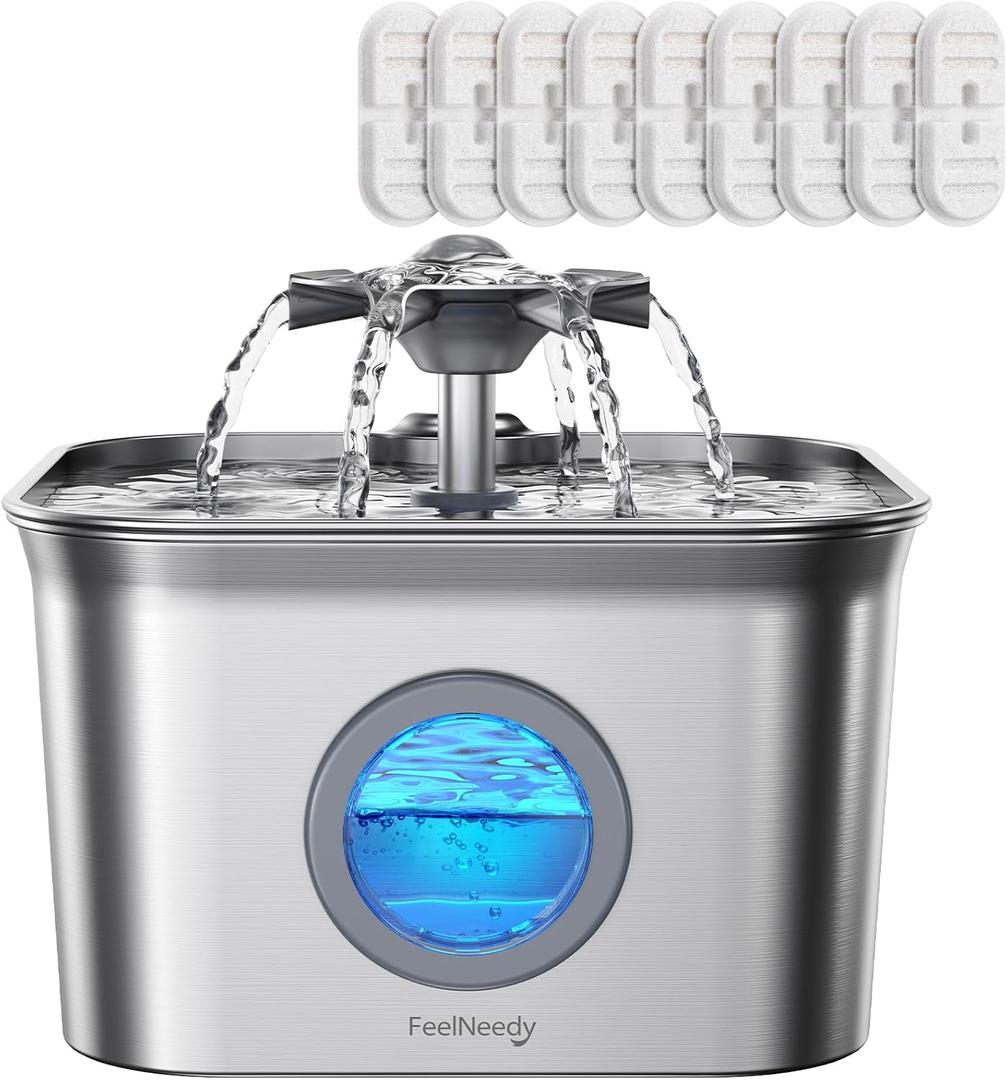 Stainless Steel Cat Water Fountain, 2.8L with 20dB Ultra-Quiet Pump- Ideal for Timid Pets, LED Water Level Window, Dishwasher Safe, 24/7 Circulation- Includes 9 Replacement Filters