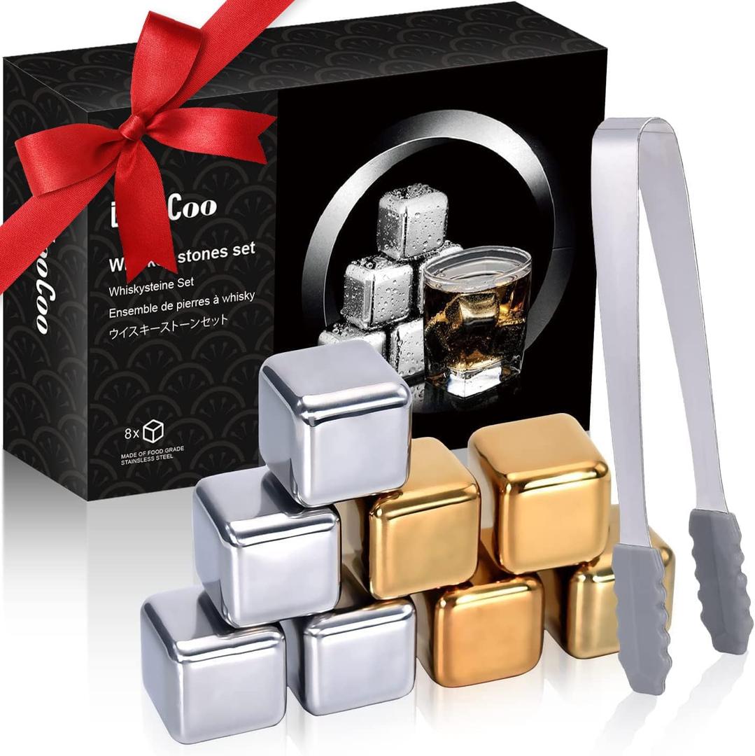 EooCoo Whiskey Stones Gift Set, Fathers Day Dad Gifts for Husband, 8 Pack Reusable Ice Cubes for Drinking, Men Whiskey Lovers, Bourbon, Cognac, Scotch, Gin, Wine Beverage (Square)