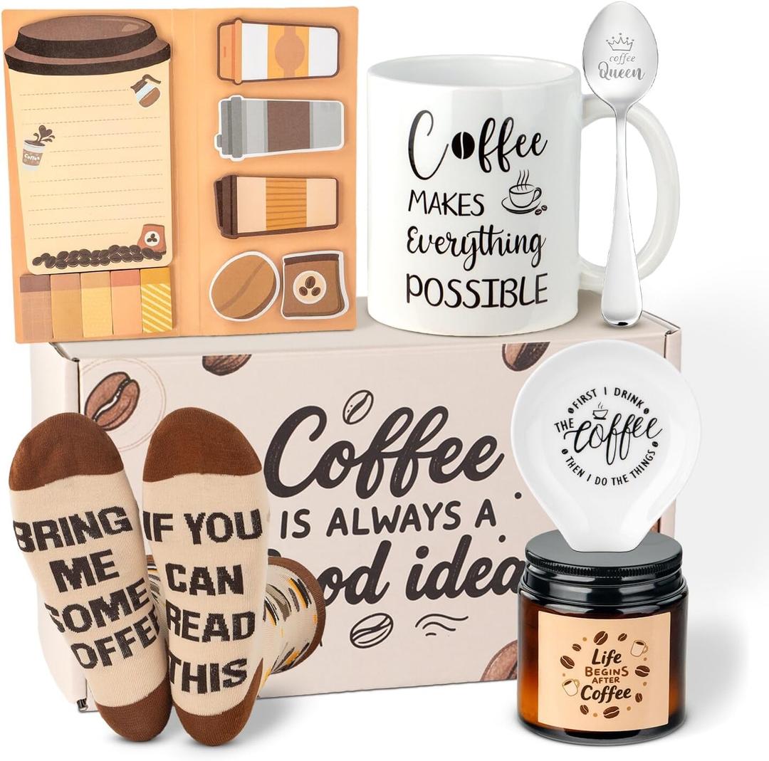 Ithmahco Coffee Lover Gifts for Women Men - Includes Mug Spoon Rest Holder Candle Socks Sticky Notes Set, Coffee Gift Basket for Birthday Mothers Day Galentines Valentines Day Christmas Gift Ideas