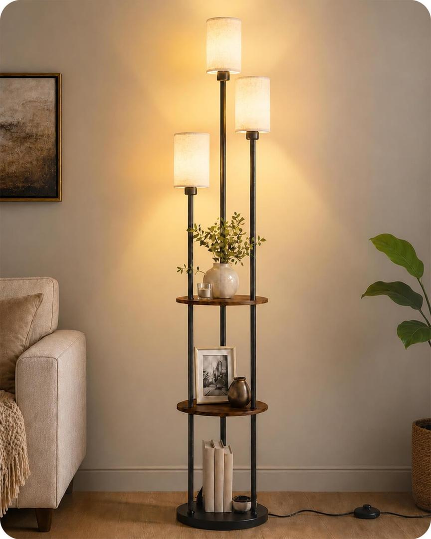 KIZON 71" Floor Lamp with Shelves, 3-Tier Tall Standing Lamp with 3-Light E26 Base & Linen Shade, Modern Shelf Floor Lamp for Living Room, Bedroom, Office, Foot Switch, Black and Beige