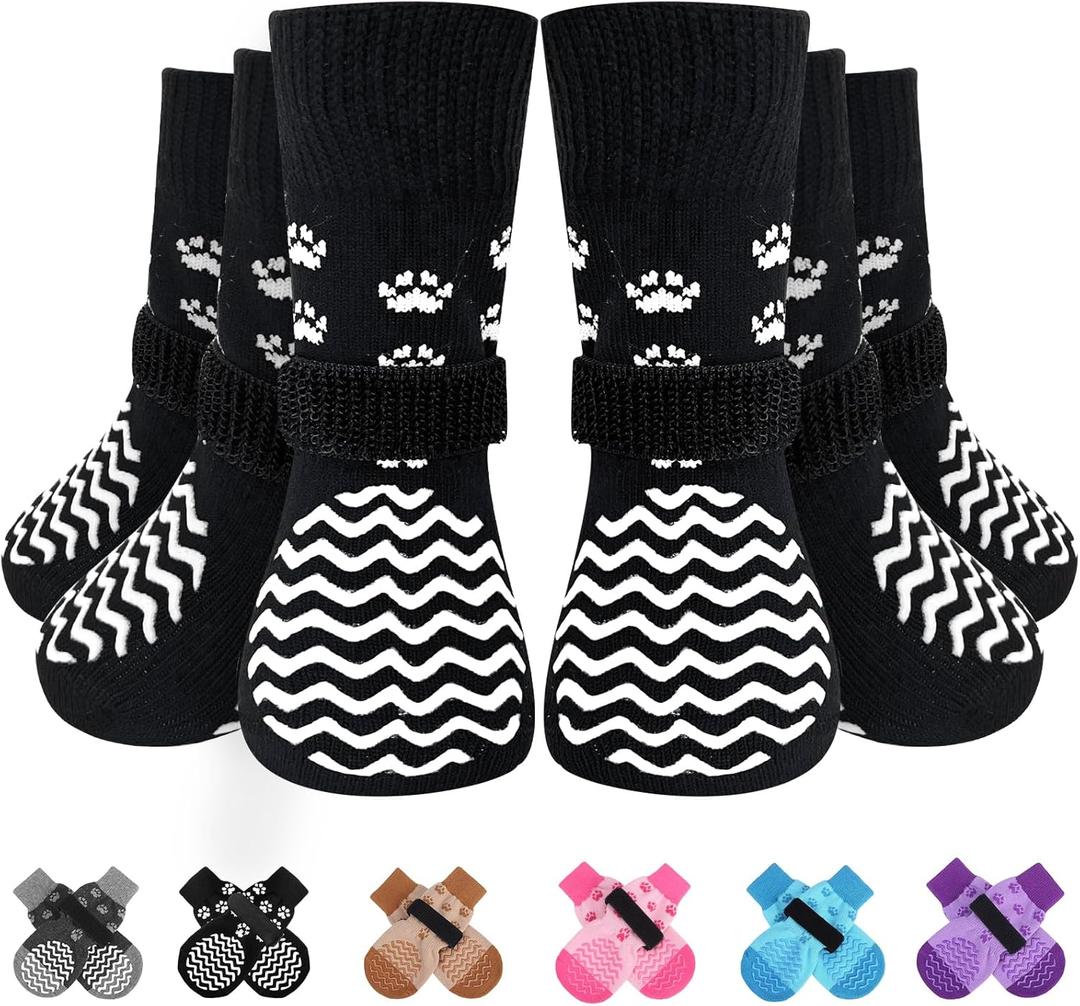 EXPAWLORER 6Pcs Anti Slip Dog Socks to Prevent Licking Paws, Dog Shoes for Hot Pavement, Double Sides Dog Boots & Paw Protectors Booties for Hardwood Floors with Grippers Small Medium Large Senior Dog (Black)