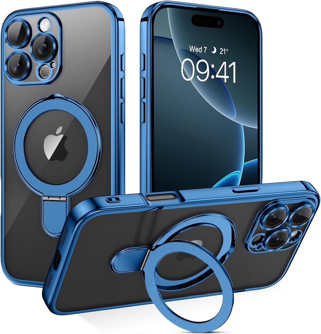 GUAGUA for iPhone 16 Pro Max Case with Stand, Magnetic Clear Cases Plating Edge Invisible Ring Holder Slim Shockproof Protective Kickstand Phone Case for iPhone 16 Pro Max 6.9 inch, Blue