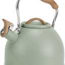 Tea Kettle, Vegoran 100 OZ / 3 Liter Whistling Tea Kettle, Tea Pots for Stove Top Food Grade Stainless Steel with Wood Pattern Folding Handle, Loud Whistle Kettle for Tea, Coffee, Milk (Green)