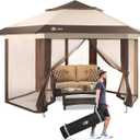 CROWN SHADES 12x12 Pop Up Gazebo with Mosquito Nettings, Patented CENTERLOK 6-Sided Portable Gazebo, 300D Silver-Coated Fabric UV Resistant, Pop Up Canopy Tent for Patio, Party, Beige&Coffee