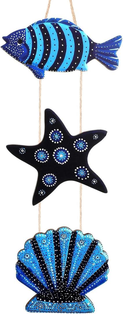 Geelin Coastal Blue Fish Door Hanger - Nautical Wooden Sea Decor with Fish Starfish and Shell Rustic Ocean Wall Art for Beach House Porch Bathroom Home Decor