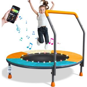 3FT Foldable Kids Trampoline with LED Lights & Music, 36" Mini Trampoline Adjustable Handlebar, Spring-Free Design, 150lbs Capacity for Toddlers 1-6 Years, Indoor/Outdoor Fitness & Developmental Toys
