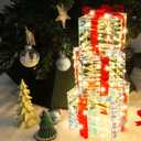 Lulu Home Set of 3 Christmas Decorations, 140 LEDs Light Up Boxes with Red Bows, Plug-in Lighted Xmas Boxes with Timer for Christmas Trees Holiday Display Party Indoor Decors