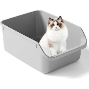 Large Cat Litter Box with High Side Cat Litter Pan Boxes for Indoor Cats Kitty Litter Box with Low Entry Open Top Entrance Anti-Splashing(Grey)