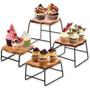 ZENFUN 4 Piece Wood Buffet Risers, Dessert Table Risers Food Display Riser, Pizza Pan Riser, Cupcake Stand & Wood Display Risers, Nesting Food Platter and Plate Holder