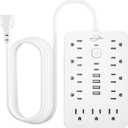 JouleLoom 10 FT Flat Plug Surge Protector Power Strip,11 Multiple AC Outlets with 6 USB Ports (2 USB C), 6 Feet Extension Cord, 1250W/10A, One Touch Switch Button, White