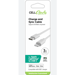 Cell Candy Fast Charge And Sync Cable For Apple Lightning TO USB C, 3 Ft, White