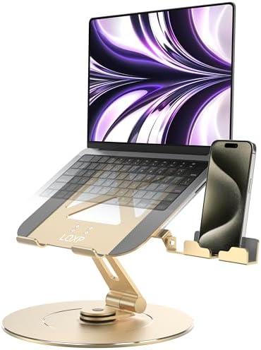LOXP Ultra-Stable Aluminumy Laptop Stand for Desk with Foldable Phone Holder, 300% Large Base Stability, Anti-Loosening, Lectern Stand Suitable for 10"-17.3" Laptops, Champagne Golden
