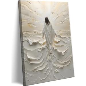 Abstract Jesus Walking on Water Canvas Wall Art Christian Spiritual Wall Decor Pictures Divine Light Modern Religious Posters Prints for Living Room Bedroom Church Decoration 16x24in