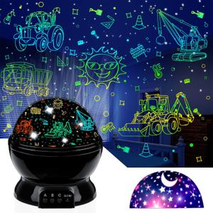 Car Truck Night Light Projector Toys for Boys Age 3-5 Toddler Tractor Nightlights 360 Degree Rotation with 17 Colors Changing Baby Ceiling Light Projector for Boys Girls Bedroom Decoration (Deep Black-3)