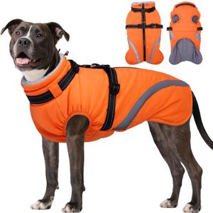 BRKURLEG Dog Winter Jackets for Medium Dogs, Dog Coat with Harness Built in, Dogs Snowsuits with Zipper, Waterproof Windproof Pet Puffer Jacket Fleece Vest for Pug, French Bulldog, Orange M