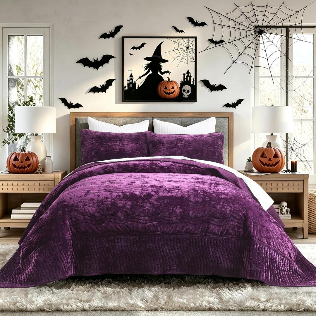 Oversized King Patchwork Velvet Comforter,Purple Wave Pattern Quilt
