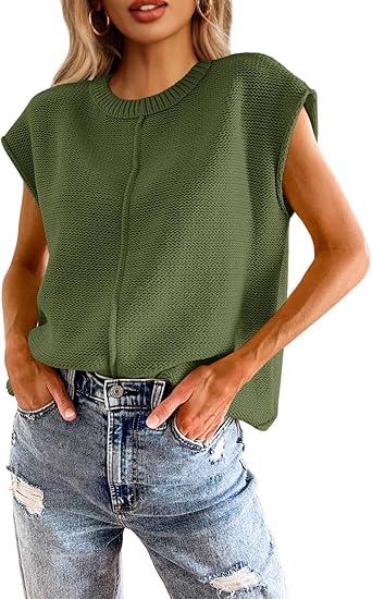 Saodimallsu Womens Summer Cap Sleeve Tops Casual Crew Neck Loose Fit Knit Lightweight Sweater Pullover Top, Army Green, Size M