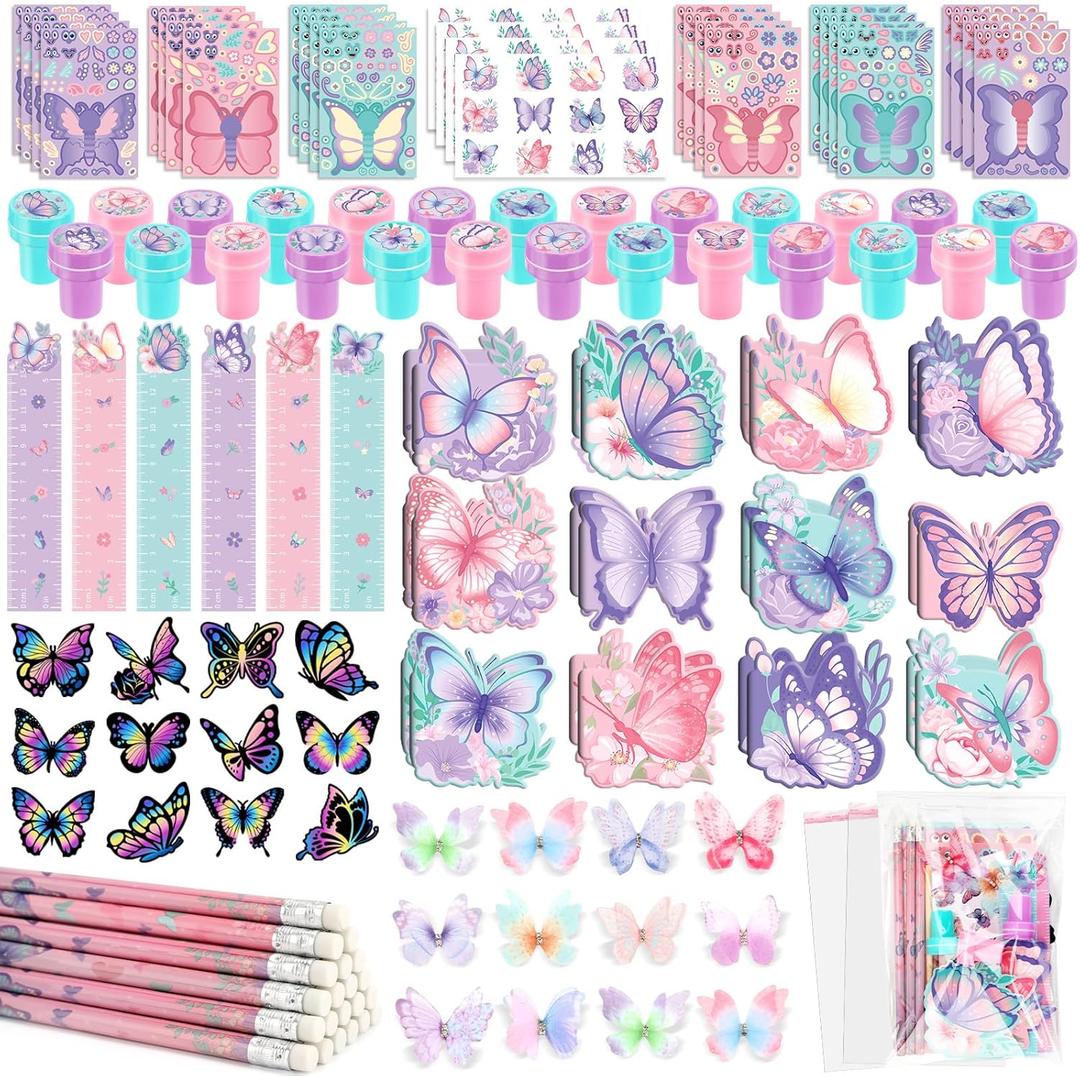 BenLouis 216Pcs Butterfly Party Favors Butterfly Fairy School Stationery Set Bulk for Kids Spring Flower Tea Birthday Birthday Goodie Bag Stuffers Classroom Gifts Rewards Pinata Filler