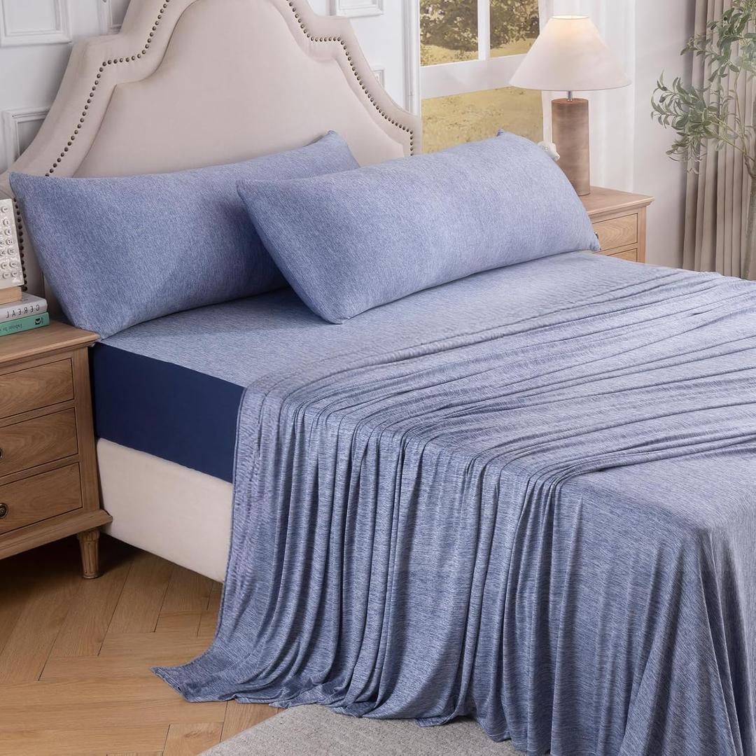 OMERAI 4 Piece Cooling King Size Sheet Set, Bed Sheets Set with 1 Flat Sheet, 1 Fitted Sheet & 2 Pillowcases, Breathable Cool-to-Touch Fabric, Soft Smooth Deep Pockets Bed Sheets for Summer, Blue