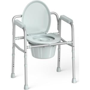HOMLAND 3-in-1 Bedside Commode Chair with Sturdy Dual-Crossbar Support Construction, Stable Portable Commode Toilet with 7.5Qt Potty Bucket, 350 Lbs Bedside Commodes for Seniors, Silver