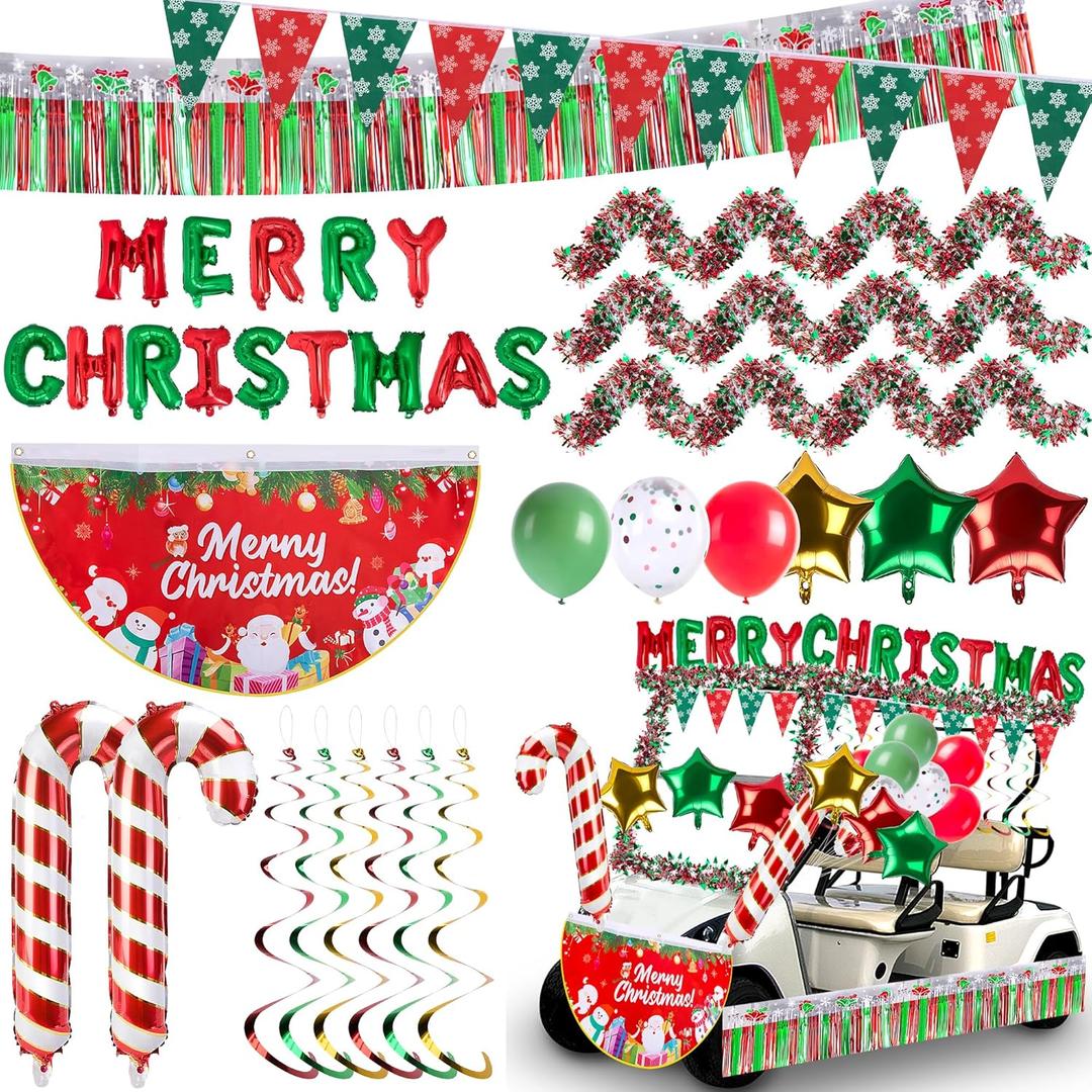 65 Pcs Christmas Golf Cart Decorations Kit, Red Green White Xmas Parade Car Decoration, Merry Christmas Pleated Fan Flag Tinsel Garland Candy Canes Balloon Foil Curtains for Holiday Parade Party Decor