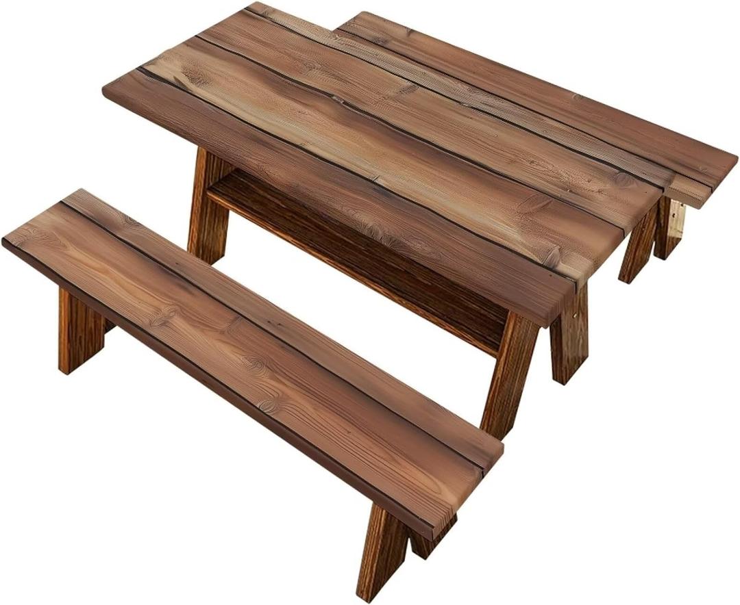 Binienty Vintage Wood Grain Picnic Table Cover with Bench Covers Waterproof Rectangle Tablecloths Set of 3 Dust Proof Camping Table Cloth Fit Rectangle Table, 8 Foot