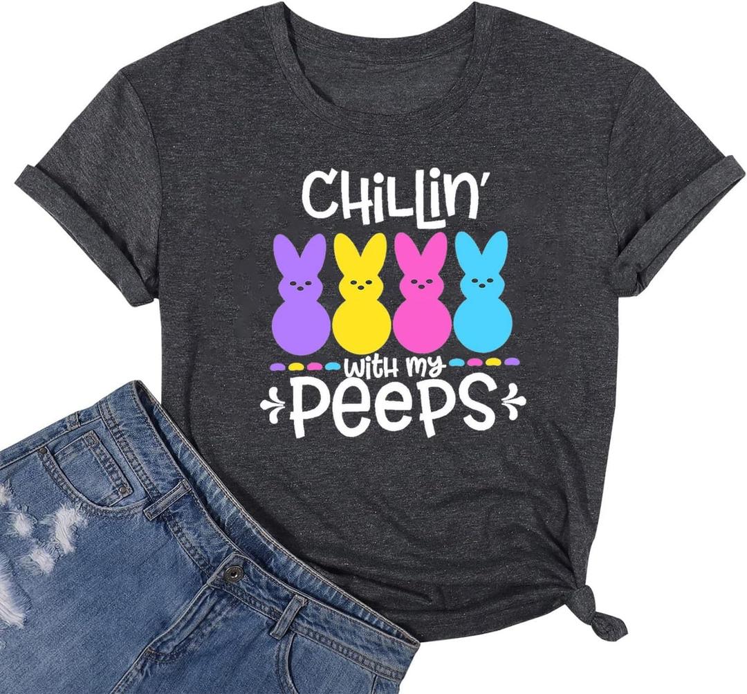 Leopard Easter Bunny Graphic Shirt Chillin' with My Peeps Easter Matching T-Shirt Gift for Easter Day Tee. (X-Large, Dark Grey-1)
