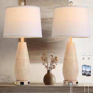 Farmhouse Table Lamps Set of 2 with USB C+A Ports and AC Outlet, 26.5" Cream Vintage Lamps for Bedroom Nightstand