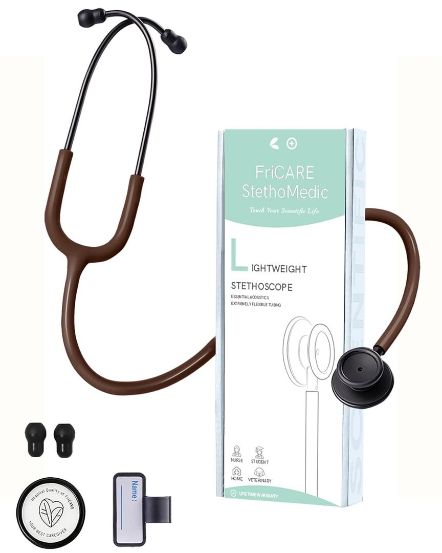 FriCARE Dual Head Stethoscope - Stethoscopes for Nurses, Medical Nursing Students, Paramedics/EMT/LVN/VNA Backup Estetoscopio, Earth Brown Tube Matte Black Finish Chestpiece