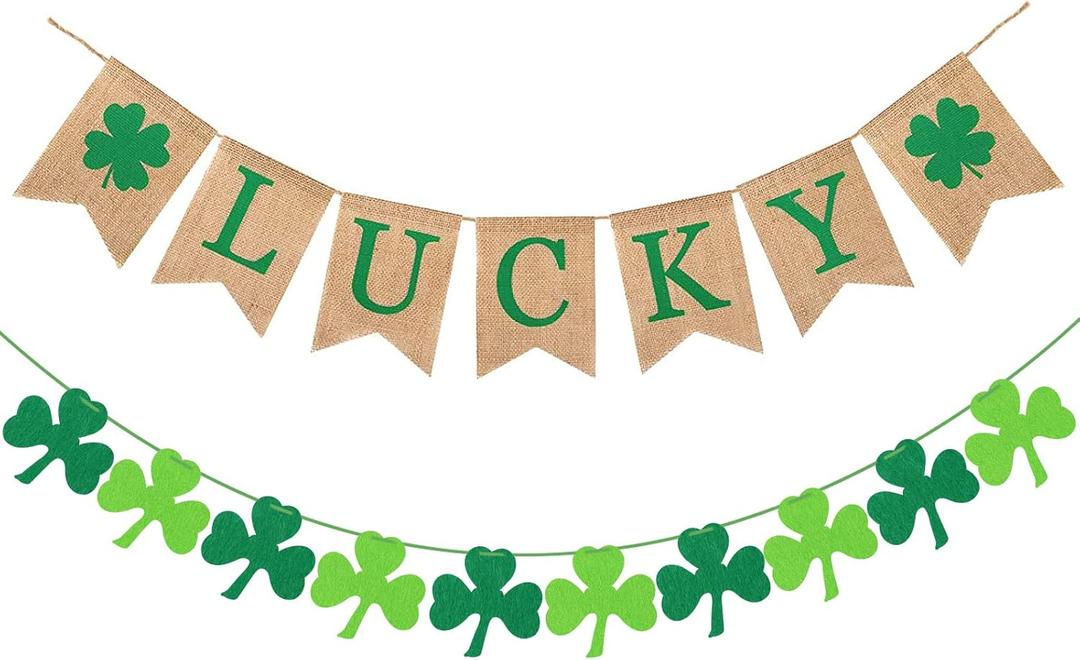 St. Patrick's Day Banner Decorations 2 Pack Shamrock Decor Green Felt Garland St. Pattys Day Party Decor for Home Saint Patricks Day Decorations Burlap Lucky Banner