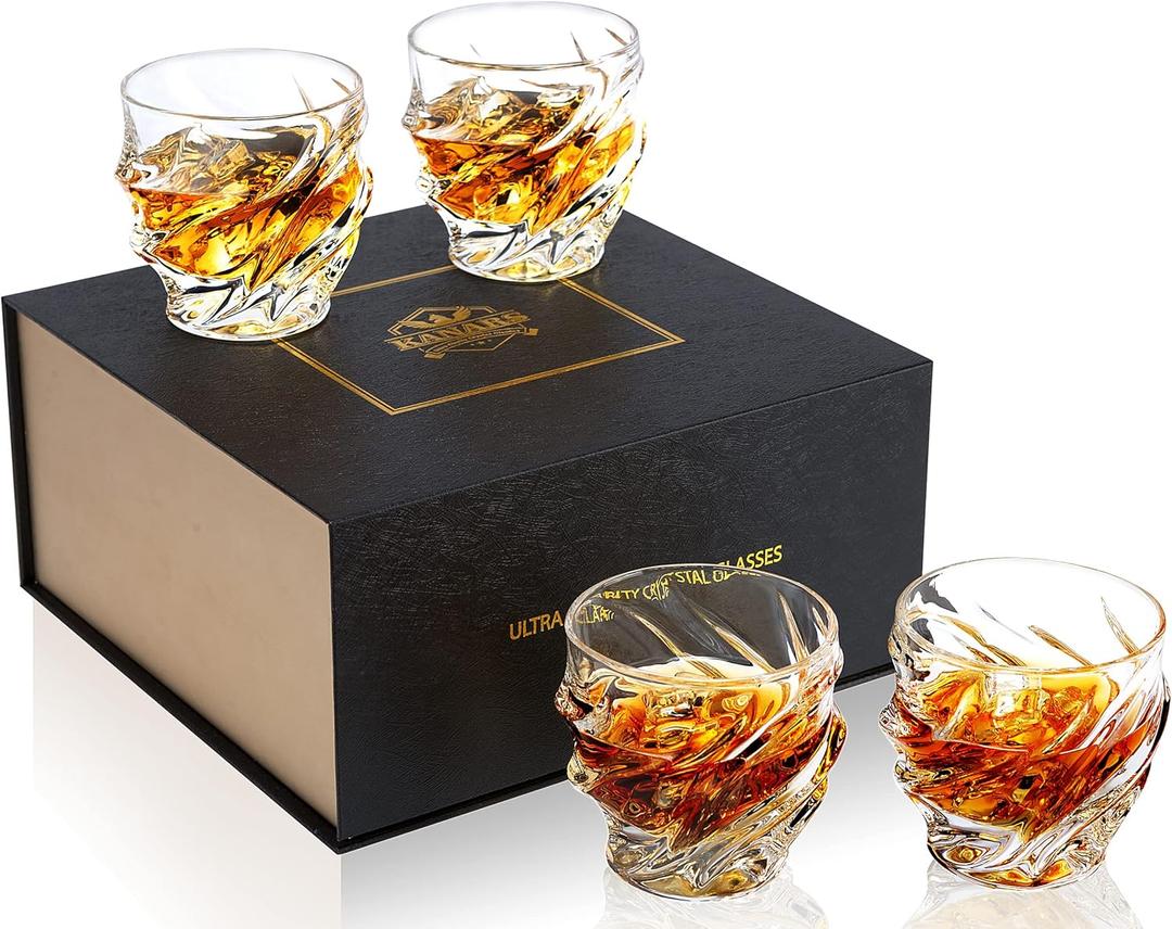 KANARS Whiskey Glasses for Men, 9 Oz Crystal Bourbon Glass Set of 4, Old Fashioned Rocks Barware for Scotch Cognac Vodka Cocktail Rum, Whisky Gifts Set for Valentine's Day Birthday Retirement