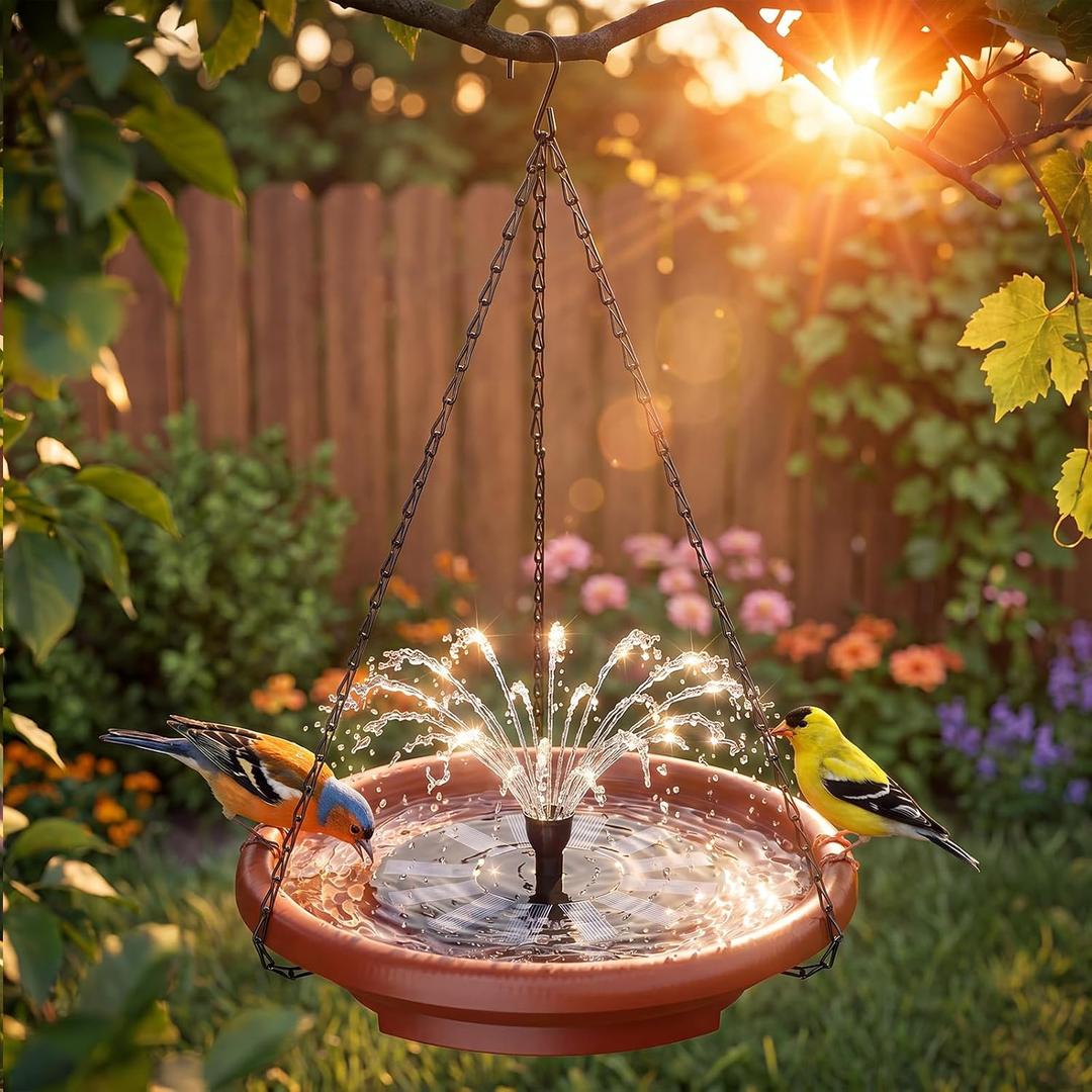 AISITIN 15" Hanging Bird Bath with Solar Fountain, Outdoor Hanging Bird Bath Bowl with 3-Tier Steps, Solar Powered Water Fountain for Bird Bath, Feeder, Drinking, Garden Patio Lawn Backyard