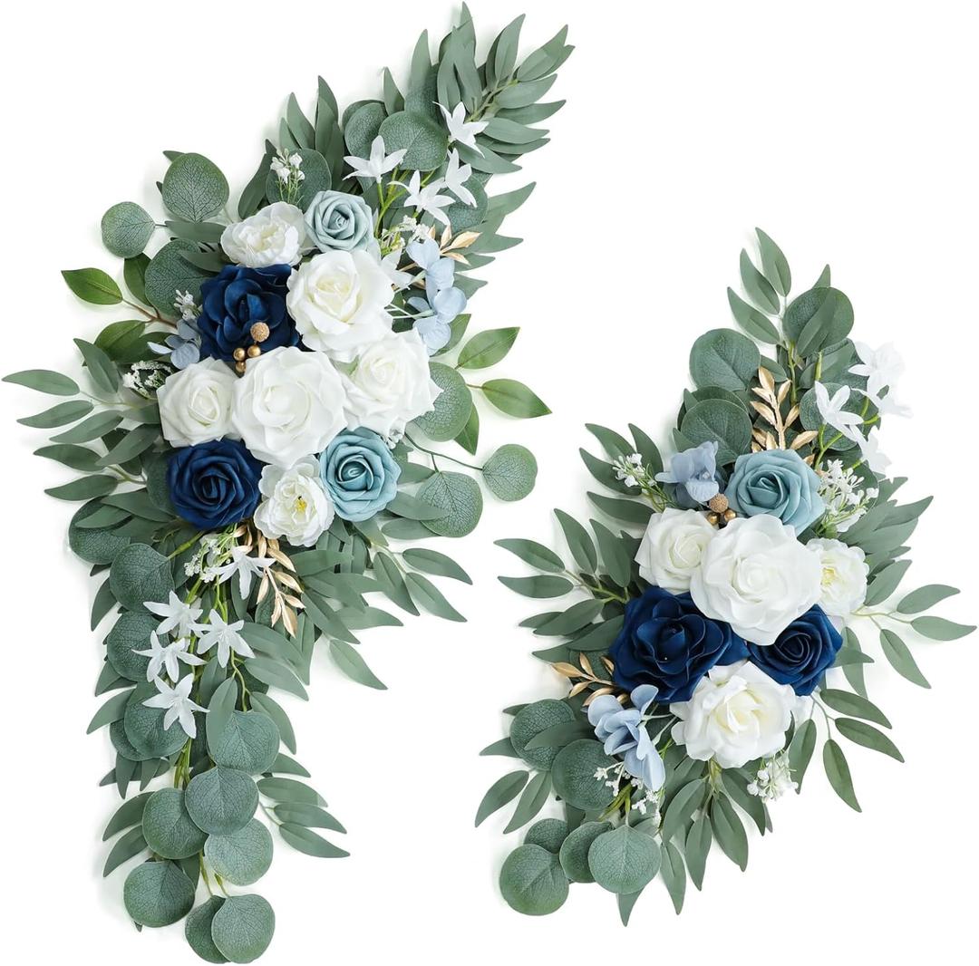 Artificial Dusty Blue Wedding Arch Flower Swags Set of 2 for Welcome Signs, Reception and Ceremony Decorations - White Floral Decor