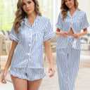 Silk Satin Pajama Set for Women 3-piece Short Sleeve Pajama with Pants Ruffle Shorts Cute Pj Set Button Down Sleepwear (Blue, S)