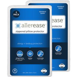 Set of 2 Standard/Queen AllerEase Pillow Protectors - Moisture Wicking, Advanced Allergy Protection - Premium Polyester, Zippered Protectors
