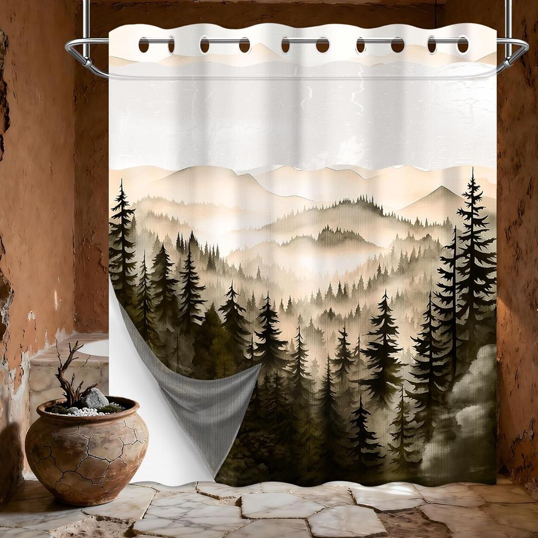 Dark Brown Forest Hookless Shower Curtain with Snap in Liner, Bronze Brown Mountain No Hook Double Layer Shower Curtain and Liner Set, Ring less with Window Waterproof Cloth Fabric, 71" W x 74" L