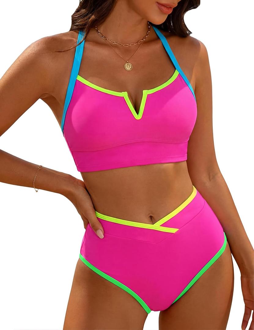 BMJL Women's High Waisted Bikini Sets Color Block Sporty Two Piece Swimsuits Tummy Control V-Neck Crop Top Bathing Suits, XL